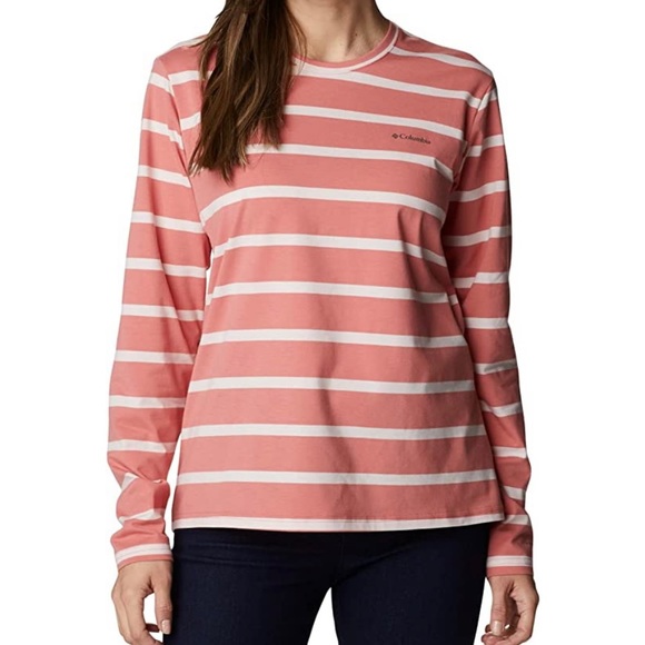 Columbia Tops - NWOT Columbia Women’s Sun Trek Pattern Long Sleeve Tee Medium Dark Coral Stripe
